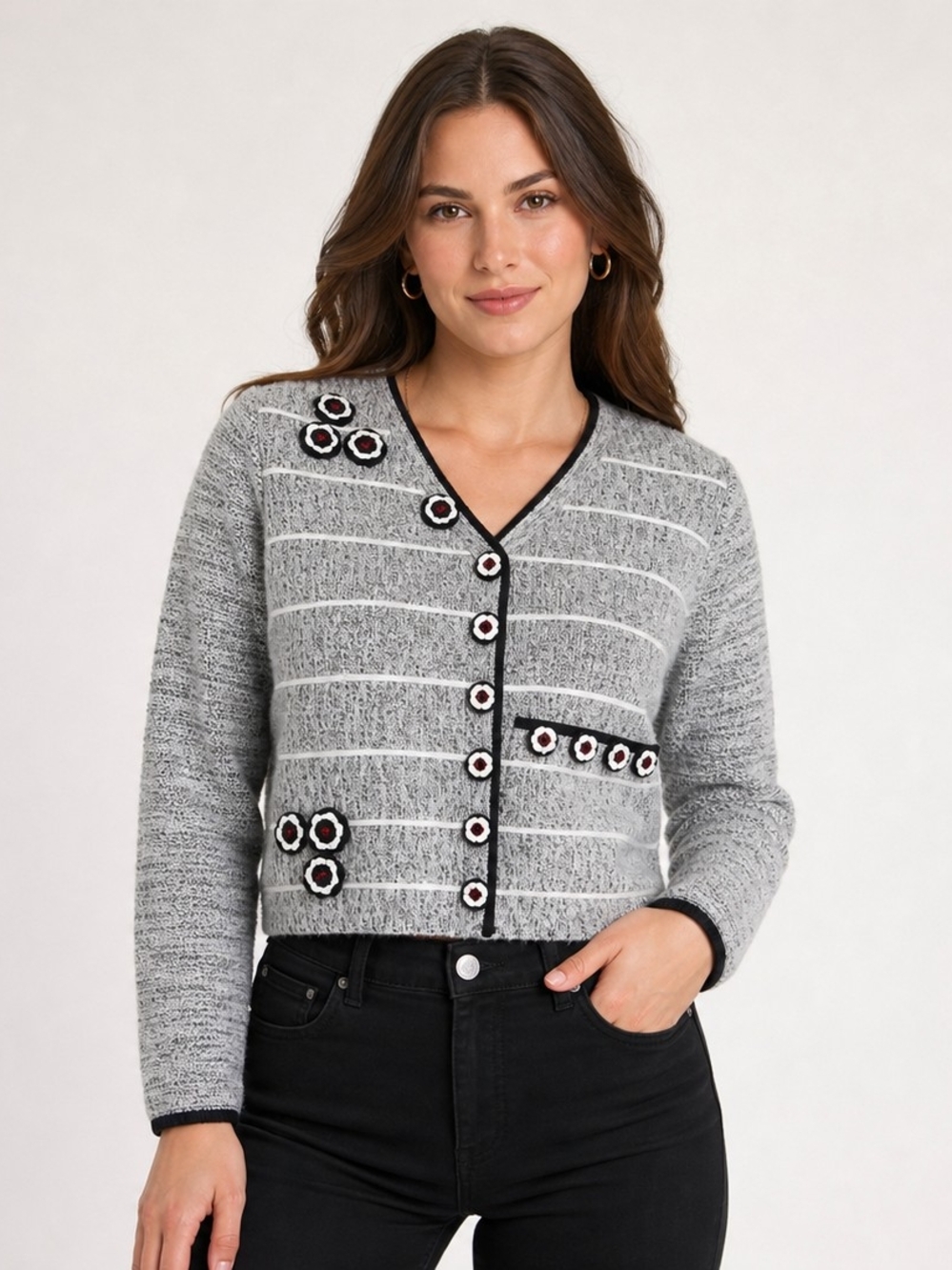 Storybook Knits Gray Striped Cropped V‑Neck Cardigan with Black Trim